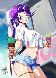 Size: 2153x3000 | Tagged: safe, artist:danmakuman, starlight glimmer, human, belly button, cap, cute, food, glimmerbetes, hat, humanized, ice cream, one eye closed, tongue out