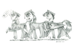 Size: 1500x875 | Tagged: safe, artist:baron engel, apple bloom, scootaloo, sweetie belle, earth pony, pegasus, pony, unicorn, g4, cutie mark crusaders, diploma, female, filly, foal, graduation, graduation cap, hat, horn, monochrome, pencil drawing, traditional art, trio, trio female