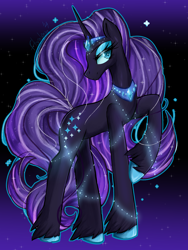 Size: 3000x4000 | Tagged: safe, artist:floralshitpost, nightmare rarity, unicorn, g4, spoiler:comic, crown, diamond eyes, eyelashes, eyeshadow, glowing, horn, jewelry, lidded eyes, long legs, makeup, raised hoof, regalia, solo, tall, unshorn fetlocks, wingding eyes