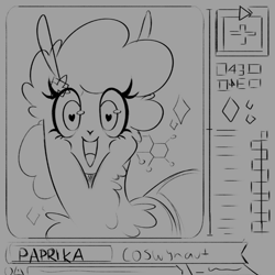 Size: 874x873 | Tagged: safe, artist:poxy_boxy, paprika (tfh), alpaca, them's fightin' herds, bust, community related, grayscale, heart, heart eyes, looking at you, monochrome, open mouth, open smile, sketch, smiling, smiling at you, solo, wingding eyes, wip