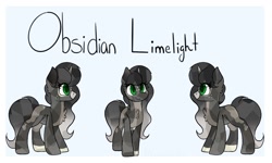 Size: 1500x900 | Tagged: safe, artist:gnocchicavearts, oc, oc only, oc:obsidian limelight, crystal pony, crystal unicorn, pony, unicorn, reference sheet, solo