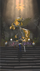 Size: 1081x1920 | Tagged: safe, artist:d0ntst0pme, princess celestia, alicorn, earth pony, 3d, altar, armor, book, candle, gmod, hammer, knight, not sfm, prayer, praying, royal guard, shrine, stairs, statue, sword, war hammer, weapon