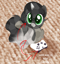 Size: 2048x2182 | Tagged: safe, artist:gnocchicavearts, oc, oc only, oc:obsidian limelight, crystal pony, controller, goober, lying down, ponyloaf, prone, solo