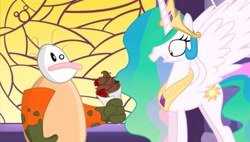 Size: 2062x1170 | Tagged: safe, artist:toucanldm, screencap, princess celestia, alicorn, g4, bouquet, clothes, flower, freaked out, gloves, homestar runner, poop, surprised, the poopsmith