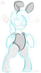 Size: 700x1260 | Tagged: safe, artist:gean, diamond tiara, earth pony, pony, g4, belly, bipedal, blushing, bunny ears, bunny suit, clothes, emanata, embarrassed, female, filly, fishnet clothing, fishnet stockings, foal, latex, sketch, stockings, thigh highs