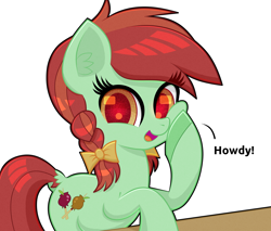 Size: 2000x1700 | Tagged: safe, artist:scandianon, candy apples, earth pony, pony, g4, apple family member, female, hoof on cheek, howdy, looking at you, mare, open mouth, open smile, simple background, smiling, solo, talking to viewer, white background
