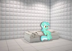 Size: 1030x720 | Tagged: safe, edit, edited screencap, editor:vanivanvan, screencap, lyra heartstrings, pony, unicorn, g4, asylum, bed, blanket, female, horn, irl, mare, meme, padded cell, photo, ponies in real life, sitting, sitting lyra, smiling