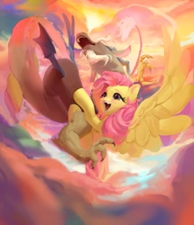 Size: 1287x1496 | Tagged: safe, artist:vondsketch, discord, fluttershy, bat pony, pegasus, pony, g4, abstract background, cloud, duo, female, heart, heart eyes, large wings, male, open mouth, raised hoof, ship:discoshy, shipping, sky background, spread wings, straight, wingding eyes, wings