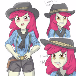 Size: 3300x3307 | Tagged: safe, artist:sumin6301, apple bloom, human, equestria girls, g4, bags under eyes, belt, blood, blush lines, blushing, clothes, cowboy hat, crying, gun, handgun, hat, high res, older, older apple bloom, red dead redemption 2, revolver, sad, shorts, sick, simple background, solo, suspenders, tuberculosis, white background