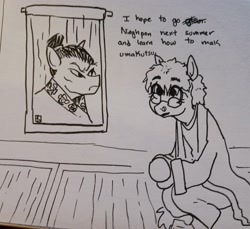 Size: 2048x1880 | Tagged: safe, artist:pony quarantine, oc, oc only, earth pony, pony, bathrobe, clothes, dialogue, female, glasses, grayscale, mare, monochrome, pen drawing, robe, round glasses, solo, traditional art, wall scroll, weeaboo