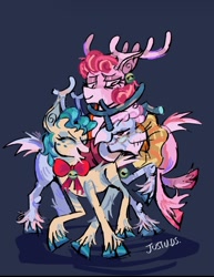 Size: 1080x1396 | Tagged: safe, artist:justvoidsdumbstuff1, alice the reindeer, aurora the reindeer, bori the reindeer, deer, reindeer, g4, black background, cloven hooves, colored, colored antlers, colored hooves, female, looking at each other, looking at someone, neck bow, raised hoof, raised leg, requested art, shiny hooves, simple background, smiling, smiling at each other, standing, the gift givers, trio, trio female, unshorn fetlocks