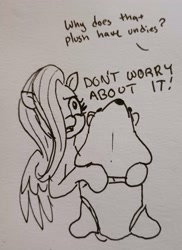 Size: 2194x3011 | Tagged: safe, artist:pony quarantine, fluttershy, pegasus, pony, g4, briefs, clothes, dialogue, female, hair over one eye, hoof hold, mare, offscreen character, plushie, solo, underwear