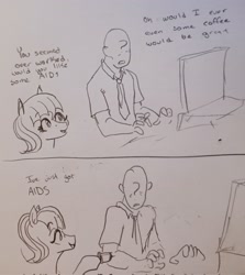 Size: 1826x2048 | Tagged: safe, artist:pony quarantine, oc, oc only, oc:aids mare, oc:anon, earth pony, human, pony, 2 panel comic, comic, computer, dialogue, duo, duo male and female, female, grayscale, male, monochrome, pen drawing, syringe, traditional art