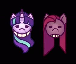 Size: 1971x1650 | Tagged: safe, artist:partyponypower, pinkie pie, starlight glimmer, earth pony, pony, unicorn, g4, alternate universe, black background, duo, duo female, eyelashes, female, frown, head only, horn, lidded eyes, long mane, looking at you, mare, pink coat, pink mane, pinkamena diane pie, ponytail, s5 starlight, simple background, smiling, smiling at you, straight mane, tied mane, two toned mane, unicorn horn, wavy mane