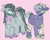 Size: 1921x1534 | Tagged: safe, artist:tottallytoby, limestone pie, marble pie, earth pony, pony, g4, ahoge, alternate accessories, alternate design, alternate hairstyle, alternate tailstyle, bandage, bandaged leg, bandana, bow, bracelet, chest fluff, colored, colored hooves, duo, duo female, eyebrows, eyebrows visible through hair, eyelashes, eyeshadow, female, flat colors, floppy ears, gray coat, gray eyeshadow, gray mane, gray tail, green eyes, green hooves, hair over one eye, headband, hooves, jewelry, lidded eyes, long mane, long tail, looking at someone, looking down, makeup, mare, multicolored hooves, neckerchief, no mouth, pie sisters, pink background, pink bow, purple coat, purple eyes, purple eyeshadow, purple hooves, raised hoof, raised leg, redesign, shiny hooves, shiny mane, shiny tail, short mane, short tail, shoulder fluff, siblings, simple background, sisters, speckled, standing, tail, tail bow, tied tail, wingding eyes
