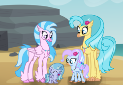 Size: 3173x2195 | Tagged: safe, artist:galaxynightsparkle, princess skystar, silverstream, oc, oc:feather tail, oc:kiarina, classical hippogriff, hippogriff, hippogriffon, hybrid, g4, base used, cousins, female, group, interspecies offspring, mother and child, mother and daughter, offspring, older, older silverstream, parent:gallus, parent:princess skystar, parent:silverstream, parents:gallstream