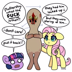 Size: 4000x4000 | Tagged: safe, artist:partypievt, fluttershy, twilight sparkle, alicorn, pegasus, pony, unicorn, absurd resolution, chibi, crying, disembodied head, horn, scp, scp foundation, scp-173, speech, speech bubble, talking, text