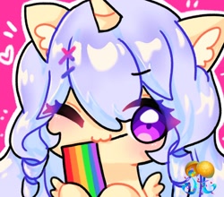 Size: 1264x1112 | Tagged: safe, artist:petaltwinkle, oc, oc only, unnamed oc, alicorn, pony, :3, alicorn oc, big ears, big eyes, blushing, chibi, colored ear fluff, commission, cream coat, ear fluff, emanata, eye clipping through hair, eyebrows, eyebrows visible through hair, floating heart, gay pride flag, hairclip, heart, holding flag, horn, icon, long mane, mouth hold, one eye closed, outline, pink background, pride, pride flag, profile picture, purple eyes, purple mane, raised hoof, ringlets, shiny mane, simple background, small wings, smiling, solo, spread wings, unicorn horn, wingding eyes, wings, wink, ych result, yellow coat, your character here