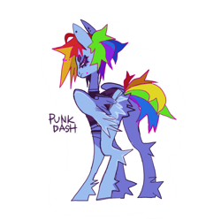 Size: 850x850 | Tagged: safe, artist:cutesykill, rainbow dash, pegasus, pony, g4, alternate hairstyle, alternate tailstyle, bags under eyes, beanbrows, blue coat, butt fluff, clothes, colored eyebrows, ear piercing, earring, eyebrows, female, frown, hoof fluff, jewelry, leg fluff, lip piercing, long legs, looking at you, looking back, looking back at you, mare, multicolored hair, narrowed eyes, no catchlights, partially open wings, piercing, pink eyes, rainbow hair, rainbow punk, rainbow tail, shirt, short hair rainbow dash, short mane, simple background, slit pupils, snake bites, solo, standing, tail, text, thick eyelashes, thin legs, white background, wings