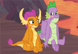 Size: 3128x2180 | Tagged: safe, artist:wildrose17, smolder, spike, dragon, g4, dragon lands, duo, duo male and female, female, gigachad spike, lava, male, older, older smolder, older spike, ship:spolder, shipping, straight