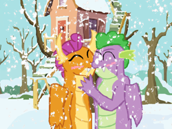 Size: 1686x1264 | Tagged: safe, artist:wildrose17, smolder, spike, dragon, g4, eyes closed, female, gigachad spike, kissing, male, older, older smolder, older spike, ship:spolder, shipping, snow, straight