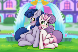 Size: 1879x1252 | Tagged: oc name needed, safe, artist:kittytitikitty, sweetie belle, oc, earth pony, pegasus, unicorn, g4, blushing, canon x oc, chest fluff, curved horn, duo, duo male and female, ear fluff, female, fountain, glasses, grass, horn, looking at each other, looking at someone, male, shipping, sitting, smiling, water