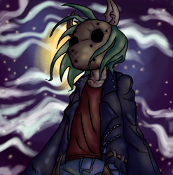 Size: 870x882 | Tagged: safe, artist:freakazoidthunk, oc, oc only, oc:derp, earth pony, anthro, unguligrade anthro, biker, clothes, cloud, cloudy, green mane, hockey mask, jacket, leather, leather jacket, mask, mlha, moon, my little hazards area, night, night sky, opposable hooves, parody, riding wasps, sky, solo, stars
