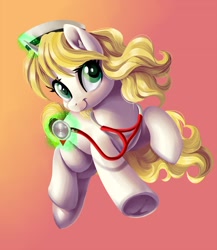 Size: 1500x1725 | Tagged: safe, artist:jadedjynx, oc, oc only, pony, unicorn, female, glowing, glowing horn, gradient background, horn, magic, mare, nurse, smiling, solo, stethoscope, telekinesis, underhoof