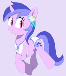 Size: 1497x1725 | Tagged: safe, artist:spoonie, sea swirl, seafoam, pony, unicorn, bikini, clothes, flower, flower in hair, horn, looking at you, smiling, smiling at you, solo, swimsuit
