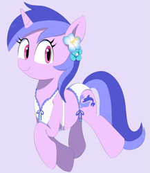 Size: 1497x1725 | Tagged: safe, artist:spoonie, sea swirl, seafoam, pony, unicorn, g4, bikini, clothes, flower, flower in hair, horn, looking at you, simple background, smiling, smiling at you, solo, swimsuit