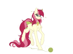 Size: 2550x1900 | Tagged: safe, artist:henori_artist, roseluck, pony, behaving like a cat, bow, collar, commission, commissioner:doom9454, cute, fluffy, long tail, pet tag, pony pet, purring, rosepet, tail, tail bow, yarn, yarn ball