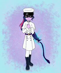 Size: 823x972 | Tagged: safe, artist:fallenangel5414, sci-twi, twilight sparkle, fanfic:friendship souls, equestria girls, g4, bow, clothes, crossover, fanfic art, glasses, gloves, military uniform, simple background, skirt, solo, uniform