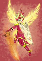 Size: 696x1024 | Tagged: safe, artist:fallenangel5414, sunset shimmer, fanfic:friendship souls, equestria girls, g4, armor, clothes, crossover, fanfic art, fiery wings, fire hair, high heels, shield, shoes, simple background, skirt, solo, sword, weapon, wings