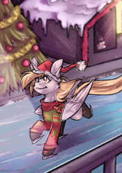 Size: 1879x2658 | Tagged: safe, artist:lonerdemiurge_nail, derpy hooves, alicorn, pony, g4, alicornified, chest fluff, christmas, christmas sweater, christmas tree, clothes, commission, derpicorn, female, hat, holiday, ice skates, ice skating, mare, race swap, santa hat, skates, solo, sweater, tree