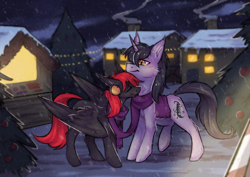 Size: 2678x1893 | Tagged: safe, artist:lonerdemiurge_nail, oc, oc only, pegasus, pony, unicorn, clothes, commission, duo, female, horn, male, mare, night, scarf, shared clothing, shared scarf, snow, snowfall, stallion, tree