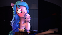 Size: 3840x2160 | Tagged: safe, artist:psfmer, izzy moonbow, pony, unicorn, g4, g5, my little pony: a new generation, 3d, blushing, bracelet, computer, computer mouse, female, g5 to g4, generation leap, high res, horn, jewelry, keyboard, lamp, mare, monitor, solo, source filmmaker, unshorn fetlocks