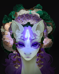 Size: 4000x5000 | Tagged: safe, artist:yanisfucker, rarity, pony, unicorn, g4, absurd resolution, amethyst, bust, ear fluff, emerald, eyeshadow, female, gemstones, glowing, glowing horn, headdress, horn, jewelry, looking at you, makeup, malachite, mare, portrait, simple background, solo