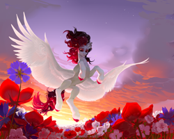 Size: 5000x4000 | Tagged: safe, artist:yanisfucker, oc, oc only, pegasus, pony, absurd resolution, backlighting, belly, colored hooves, concave belly, cornflower (flower), ear fluff, fangs, flower, flower field, flower in hair, flying, large wings, lighting, looking down, low angle, petunia (flower), poppy, shading, sky, slender, solo, sunset, thin, tulip, windswept mane, wings