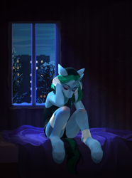 Size: 3200x4300 | Tagged: safe, artist:yanisfucker, oc, oc only, unicorn, anthro, unguligrade anthro, apartment, bandage, bed, city, curved horn, dust, eyes closed, female, green mane, high res, holding head, horn, night, room, scar, sitting, solo, window, winter