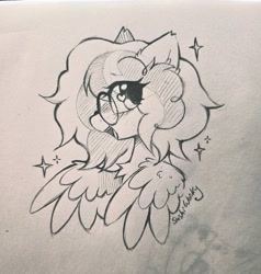 Size: 1947x2048 | Tagged: safe, artist:mirtash, oc, oc only, oc:fluff fablewing, pegasus, pony, blushing, commission, glasses, heart, heart eyes, nonbinary, pegasus oc, pencil drawing, smiling, solo, spread wings, traditional art, transgender oc, wingding eyes, wings