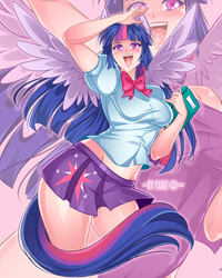 Size: 1080x1350 | Tagged: safe, artist:pawzncupz, twilight sparkle, alicorn, human, equestria girls, g4, horn, horned humanization, humanized, looking at you, midriff, open mouth, open smile, smiling, spread wings, twilight sparkle (alicorn), winged humanization, wings