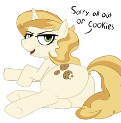 Size: 755x763 | Tagged: safe, artist:weirdotterdream, sweet biscuit, pony, unicorn, g4, butt, dialogue, female, horn, lidded eyes, lying down, mare, on side, open mouth, open smile, plot, simple background, smiling, solo, white background