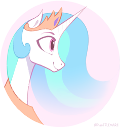 Size: 855x902 | Tagged: safe, artist:waffletheheadmare, princess celestia, alicorn, bust, crown, horn, jewelry, multicolored hair, pink eyes, portrait, regalia, simple background, smiling