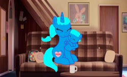 Size: 2600x1584 | Tagged: safe, artist:memeartboi, pegasus, pony, unicorn, affection, baby, baby pony, bonding, colt, couch, cuddling, cup, cute, duo, duo male and female, female, foal, gumball watterson, happy, heart, heartwarming, horn, hug, hugging a pony, living room, male, mare, mother, mother and child, mother and son, motherly, motherly love, nicole watterson, ponified, smiling, the amazing world of gumball, wholesome, wings
