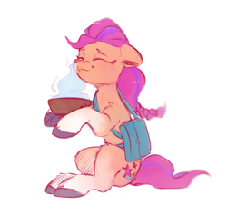 Size: 938x886 | Tagged: safe, artist:itssim, sunny starscout, earth pony, pony, g5, bag, bowl, colored sketch, eyes closed, female, mare, saddle bag, simple background, sitting, sketch, smiling, solo, steam, sunny's bag, tail, unshorn fetlocks, white background