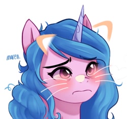 Size: 862x813 | Tagged: safe, artist:maren, edit, izzy moonbow, cat, pony, unicorn, g5, my little pony: make your mark, bags under eyes, bust, catified, cute, eyebrows, eyebrows visible through hair, female, frown, horn, izzy moodbow, izzybetes, mare, messy mane, sad, sadorable, simple background, solo, species swap, tired, white background