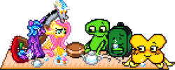 Size: 888x360 | Tagged: safe, artist:tihan, artist:weird_kit, discord, fluttershy, izzy moonbow, draconequus, pegasus, pony, unicorn, g4, g5, algebralien, backpack, battle for dream island, cake, cheesecake, crossover, cup, cupcake, digital art, female, food, genderless, horn, liam (hfjone), male, manepxls, mare, open mouth, picnic, picnic blanket, pixel art, pxls.space, simple background, smiling, teacup, teapot, transparent background, two (battle for dream island), x (battle for dream island)