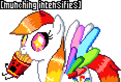 Size: 936x632 | Tagged: safe, artist:lilou41, oc, oc only, oc:lilou41, pegasus, pony, g4, battle for dream island, digital art, eating, female, food, french fries, fries (battle for dream island), manepxls, mare, munching, pixel art, pxls.space, simple background, solo, text, transparent background