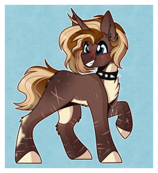 Size: 1636x1796 | Tagged: safe, artist:krypticquartz, oc, oc only, pony, unicorn, choker, female, horn, mare, passepartout, raised hoof, solo, spiked choker, watermark