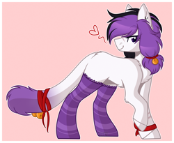 Size: 2094x1720 | Tagged: safe, artist:krypticquartz, oc, oc only, earth pony, pony, augmented, augmented tail, bell, clothes, female, mare, passepartout, socks, solo, striped socks, tail, watermark